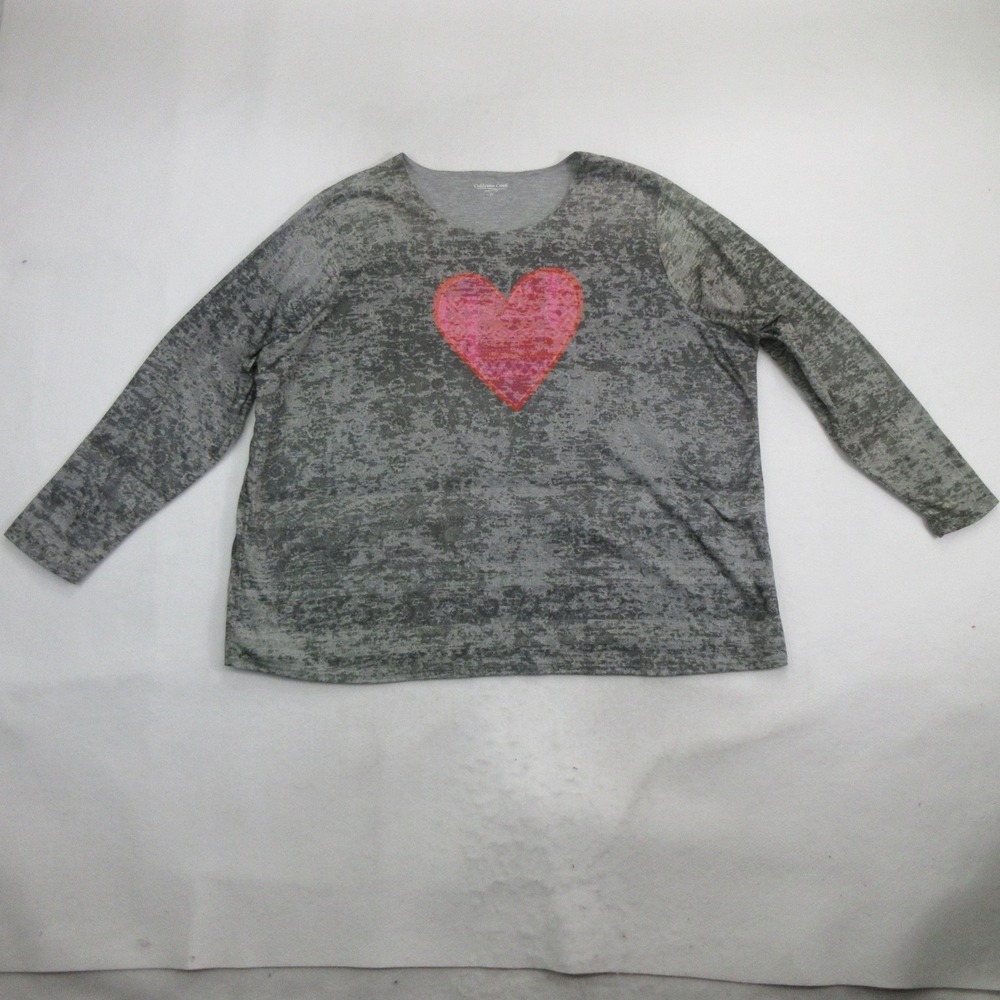 Coldwater Creek Women's Shirt 3X Gray Burnout Long Sleeve Pink Heart Graphic
